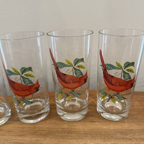 West Virginia Glass Set of 5 Glasses Cardinal Song Bird Painted 6.5 in Tall - Picture 5 of 7